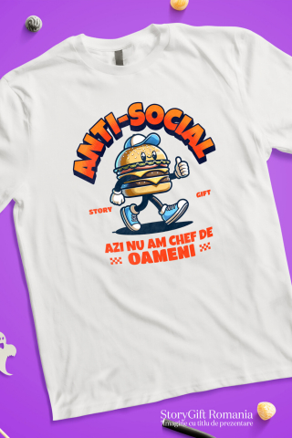 Tricou Femei, Barbati, Copii, Fata, Baiat, Unisex Personalizat Hamburger personalizat cu șapcă și adidași albastri – „Anti-social, azi nu mă chef de oameni” – Cadou amuzant [2]