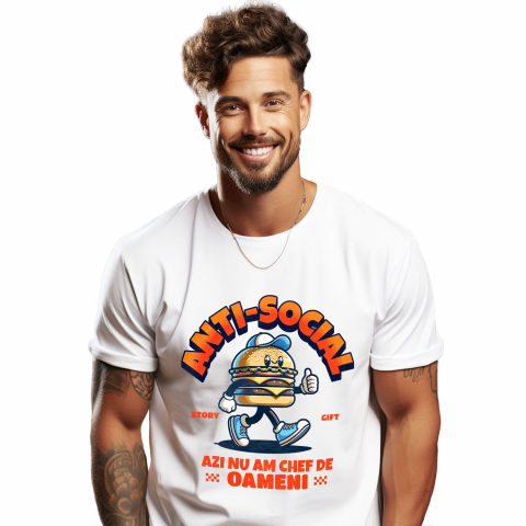 MANCARE - Tricou Femei, Barbati, Copii, Fata, Baiat, Unisex Personalizat Hamburger personalizat cu șapcă și adidași albastri – „Anti-social, azi nu mă chef de oameni” – Cadou amuzant
