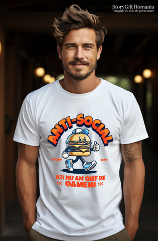 Tricou Femei, Barbati, Copii, Fata, Baiat, Unisex Personalizat Hamburger personalizat cu șapcă și adidași albastri – „Anti-social, azi nu mă chef de oameni” – Cadou amuzant [1]