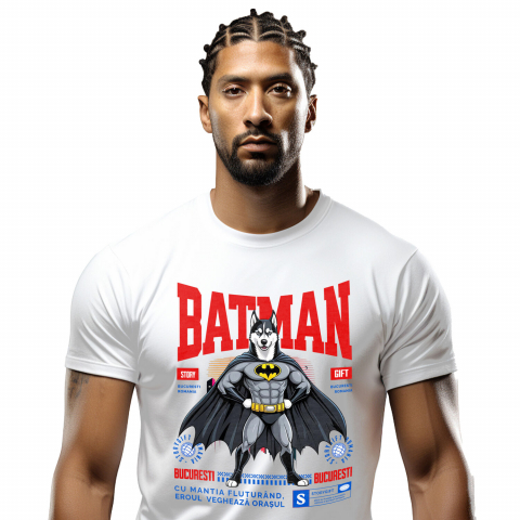 Tricou Femei, Barbati, Copii, Fata, Baiat, Unisex Personalizat Husky Siberian În Costum de Batman – Câine Supererou pentru Copii și Iubitorii de Animale