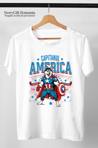 Tricou Femei, Barbati, Copii, Fata, Baiat, Unisex Personalizat Husky Siberian în Costum Captain America cu Pelerină - Cadou Personalizat pentru Copii și Iubitorii de Câini [2]