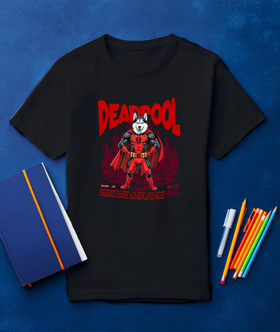 Tricou Femei, Barbati, Copii, Fata, Baiat, Unisex Personalizat Husky Siberian în Costum Deadpool - Cadou Personalizat pentru Copii și Familie [2]