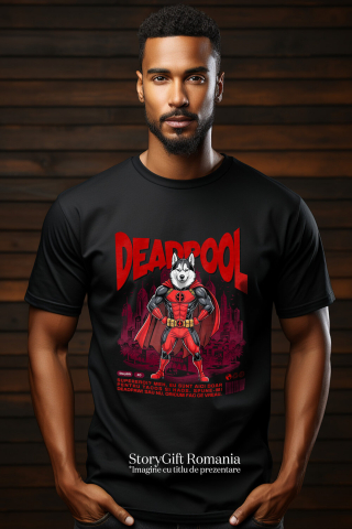 Tricou Femei, Barbati, Copii, Fata, Baiat, Unisex Personalizat Husky Siberian în Costum Deadpool - Cadou Personalizat pentru Copii și Familie [1]