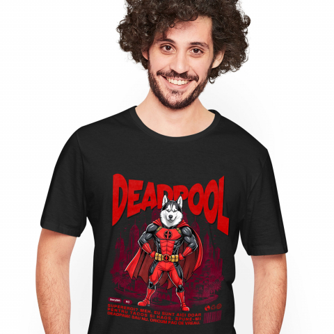 Tricou Femei, Barbati, Copii, Fata, Baiat, Unisex Personalizat Husky Siberian în Costum Deadpool - Cadou Personalizat pentru Copii și Familie