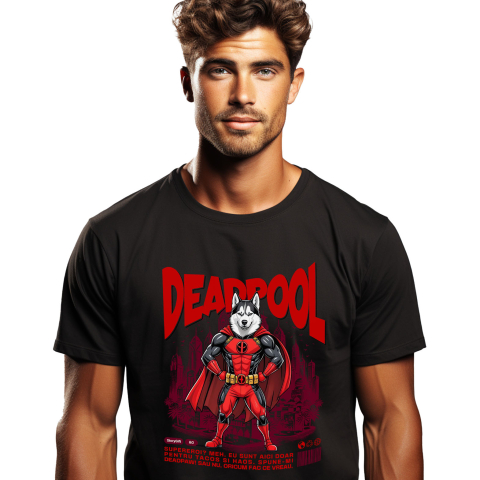 SuperEroi si Personaje TV - Tricou Femei, Barbati, Copii, Fata, Baiat, Unisex Personalizat Husky Siberian în Costum Deadpool - Cadou Personalizat pentru Copii și Familie