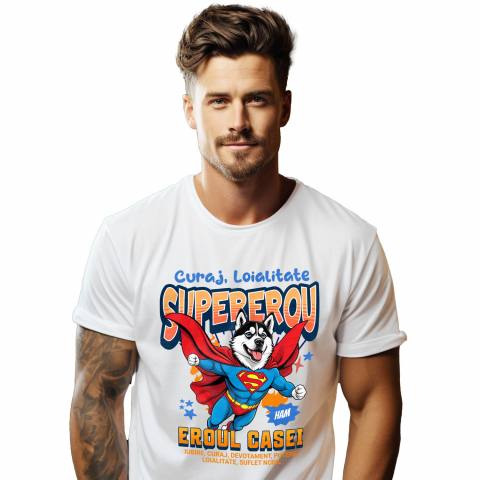 Tricou Femei, Barbati, Copii, Fata, Baiat, Unisex Personalizat Husky Siberian în Costum de Superman – Produse Personalizate pentru Copii și Familie