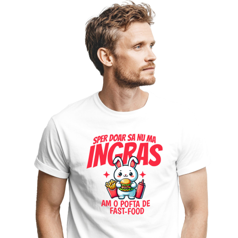 Mancare - Tricou Femei, Barbati, Copii, Fata, Baiat, Unisex Personalizat Iepure alb cu burger și cartofi prăjiți | Cadou personalizat și haios pentru familie și prieteni