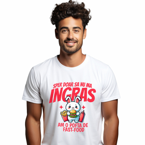 MANCARE - Tricou Femei, Barbati, Copii, Fata, Baiat, Unisex Personalizat Iepure alb cu burger și cartofi prăjiți | Cadou personalizat și haios pentru familie și prieteni