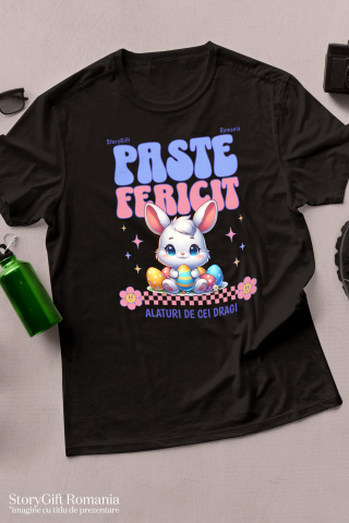 Tricou Femei, Barbati, Copii, Fata, Baiat, Unisex Personalizat "Iepure Alb Copii Cu Oua Colorate, Flori și Stele - Paște Fericit Alături De Cei Dragi" [2]
