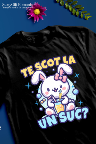 Tricou Femei, Barbati, Copii, Fata, Baiat, Unisex Personalizat "Iepure Alb cu Fundă Roz și Suc de Fructe - Cadou Amuzant pentru Copii și Prieteni" [2]