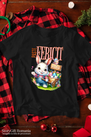 Tricou Femei, Barbati, Copii, Fata, Baiat, Unisex Personalizat "Iepure Alb Cu Salopetă De Denim și Căruț Cu Ouă Colorate - Paște Fericit Maria" [2]