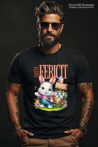 Tricou Femei, Barbati, Copii, Fata, Baiat, Unisex Personalizat "Iepure Alb Cu Salopetă De Denim și Căruț Cu Ouă Colorate - Paște Fericit Maria" [1]