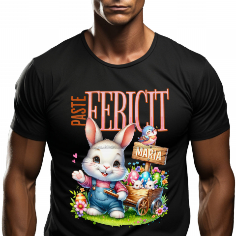 Tricouri - Tricou Femei, Barbati, Copii, Fata, Baiat, Unisex Personalizat "Iepure Alb Cu Salopetă De Denim și Căruț Cu Ouă Colorate - Paște Fericit Maria"