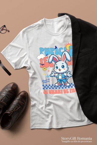 Tricou Femei, Barbati, Copii, Fata, Baiat, Unisex Personalizat "Iepure Alb cu Urechi Lungi și Îmbrăcăminte Modernă – Pupici și Urări de Paște Fericit" [2]