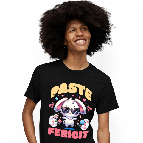 Tricouri - Tricou Femei, Barbati, Copii, Fata, Baiat, Unisex Personalizat "Iepure Cool Alb Cu Ochelari De Soare - Paște Fericit Cu Ouă Colorate și Flori"