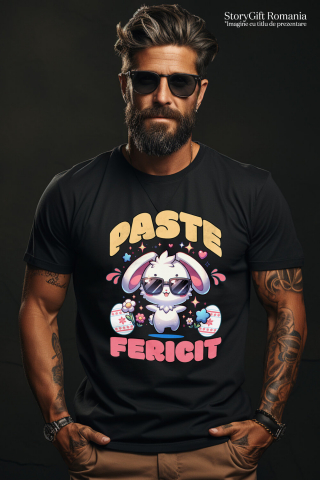 Tricou Femei, Barbati, Copii, Fata, Baiat, Unisex Personalizat "Iepure Cool Alb Cu Ochelari De Soare - Paște Fericit Cu Ouă Colorate și Flori" [1]