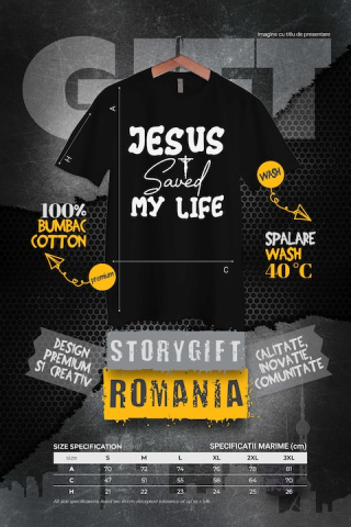 Tricou Barbati cu Iisus Hristos rastignit pe cruce si textul "Iisus mi-a salvat viata" cu imprimeu pe Fata, 100% Bumbac, Negru, M [2]