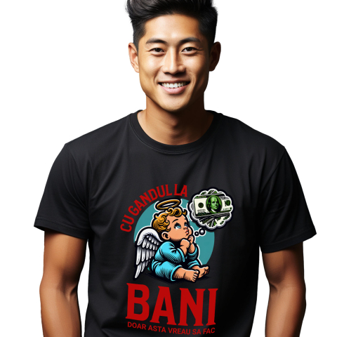 Tricou Femei, Barbati, Copii, Fata, Baiat, Unisex Personalizat Inger cu Coroana și Bancnote – „Cu Gândul la Bani” – Cadou Personalizat pentru Familie, Tati, Copii, Prieteni