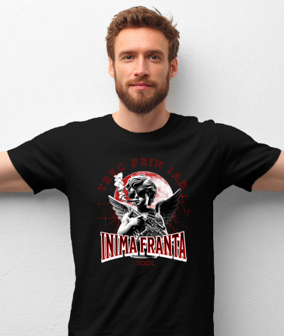 Tricou Femei, Barbati, Copii, Fata, Baiat, Unisex Personalizat „Înger cu Trabuc și Arma - Cadou Personalizat „Trec prin Iad, Inima Franta” pentru Familie, Copii și Prieteni de Valentine’s Day” [1]