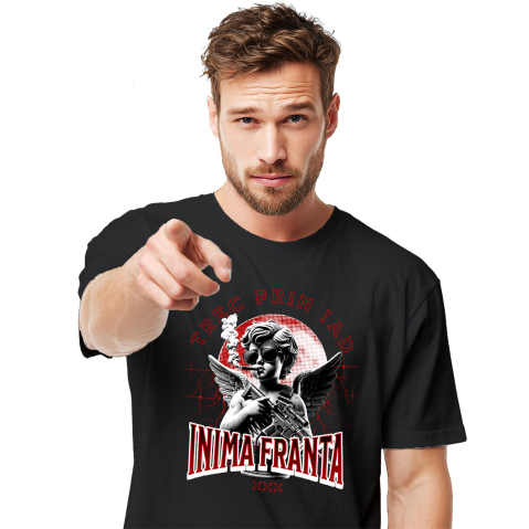 Tricou Femei, Barbati, Copii, Fata, Baiat, Unisex Personalizat „Înger cu Trabuc și Arma - Cadou Personalizat „Trec prin Iad, Inima Franta” pentru Familie, Copii și Prieteni de Valentine’s Day”