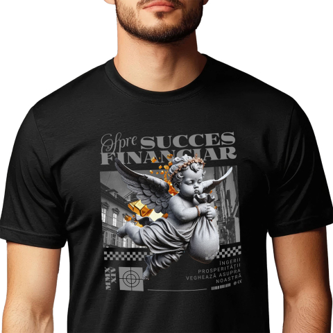 Tricou Femei, Barbati, Copii, Fata, Baiat, Unisex Personalizat Înger cu Sac de Bani în Zbor – Statuie Motivatională „Spre Succes Financiar” – Cadou Personalizat pentru Familie, Tati, Copii, Prieteni