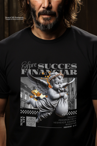 Tricou Femei, Barbati, Copii, Fata, Baiat, Unisex Personalizat Înger cu Sac de Bani în Zbor – Statuie Motivatională „Spre Succes Financiar” – Cadou Personalizat pentru Familie, Tati, Copii, Prieteni [1]