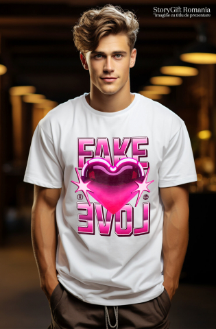 Tricou Femei, Barbati, Copii, Fata, Baiat, Unisex Personalizat Inimă Strălucitoare Roz cu Mesaj „Fake Love” – Cadou Personalizat pentru Valentine's Day [1]