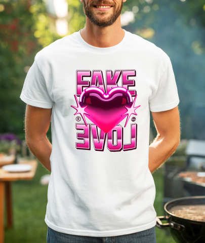 Tricou Femei, Barbati, Copii, Fata, Baiat, Unisex Personalizat Inimă Strălucitoare Roz cu Mesaj „Fake Love” – Cadou Personalizat pentru Valentine's Day [1]
