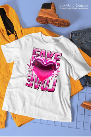 Tricou Femei, Barbati, Copii, Fata, Baiat, Unisex Personalizat Inimă Strălucitoare Roz cu Mesaj „Fake Love” – Cadou Personalizat pentru Valentine's Day [2]