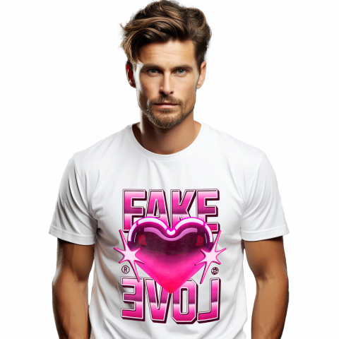Tricou Femei, Barbati, Copii, Fata, Baiat, Unisex Personalizat Inimă Strălucitoare Roz cu Mesaj „Fake Love” – Cadou Personalizat pentru Valentine's Day