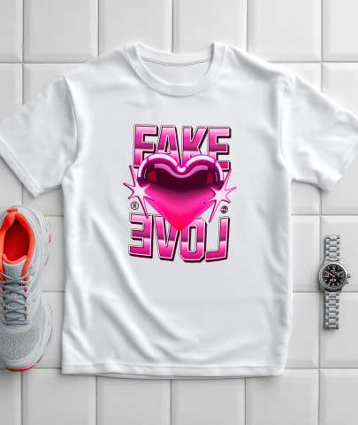 Tricou Femei, Barbati, Copii, Fata, Baiat, Unisex Personalizat Inimă Strălucitoare Roz cu Mesaj „Fake Love” – Cadou Personalizat pentru Valentine's Day [2]