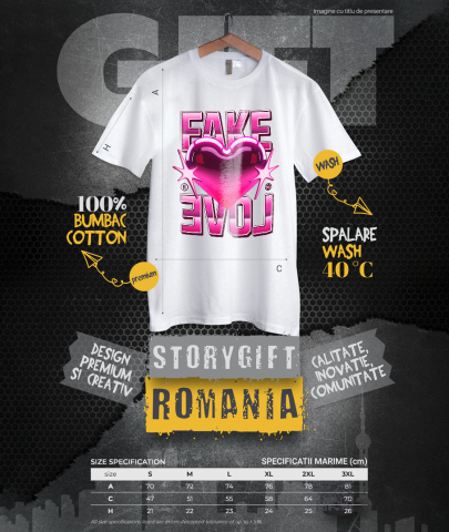 Tricou Femei, Barbati, Copii, Fata, Baiat, Unisex Personalizat Inimă Strălucitoare Roz cu Mesaj „Fake Love” – Cadou Personalizat pentru Valentine's Day [3]