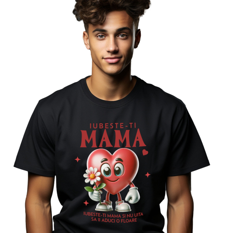 Mama - Tricou Femei, Barbati, Copii, Fata, Baiat, Unisex Personalizat "Iubește-ți Mama – Cadouri Personalizate cu Inimă și Floare Roz"