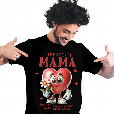Mama - Tricou Femei, Barbati, Copii, Fata, Baiat, Unisex Personalizat "Iubește-ți Mama – Cadouri Personalizate cu Inimă și Floare Roz"