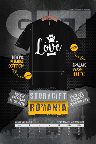 Tricou Barbati cu inimioare, labuta si os pentru iubitorii de caini cu imprimeu pe Fata, 100% Bumbac, Negru, M [2]