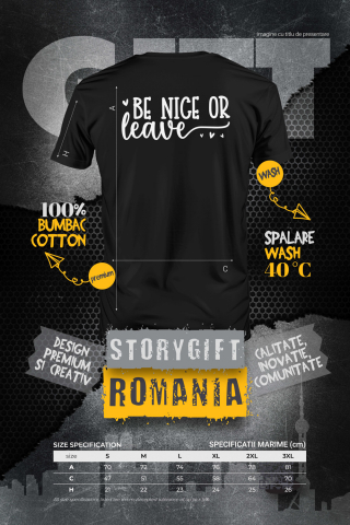 Tricou Barbati cu inimioare si mesajul "Be nice or leave" - fii amabil/bun sau pleaca pace cu imprimeu pe Spate, 100% Bumbac,  Negru, S [1]