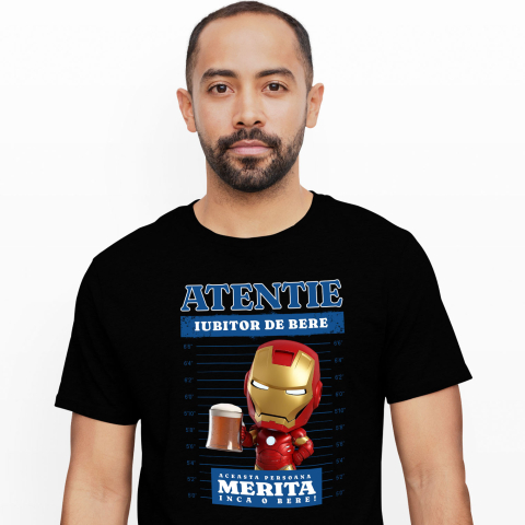 Desene Animate - Tricou Barbati cu Iron Man: Cadou si Bere – Pachetul Tehnologic 100% Bumbac, Negru, XL