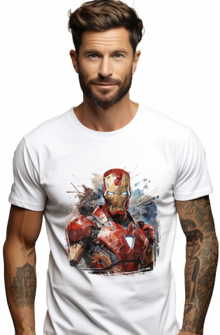 Barbati - Marimea XL - Tricou Barbati Cu Iron Man, Costum, Tehnologie, Tony Stark, Marvel, cu imprimeu pe Fata, 100% Bumbac, Alb, XL