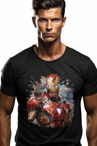 Promotii - Tricou Barbati Cu Iron Man, Costum, Tehnologie, Tony Stark, Marvel,  cu imprimeu pe Fata, 100% Bumbac,  Negru, L
