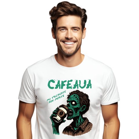 Tricou Femei, Barbati, Copii, Fata, Baiat, Unisex Personalizat Zombie Halloween - Design Înfricoșător și Amuzant cu Cafea - Cadouri Personalizate