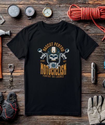 Tricou Femei, Barbati, Copii, Fata, Baiat, Unisex Personalizat Iubitorii de Motociclete – Craniu cu Cască și Dinți de Aur [2]