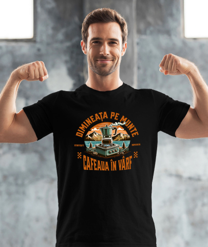 Tricou Femei, Barbati, Copii, Fata, Baiat, Unisex Personalizat "Dimineața pe Munte cu Cafea Fierbinte – Aventură în Natură" [1]