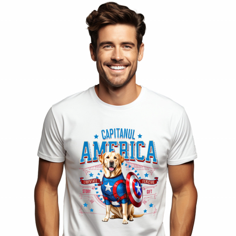 Tricou Femei, Barbati, Copii, Fata, Baiat, Unisex Personalizat Labrador în Costum Captain America cu Pelerină - Cadou Personalizat pentru Copii și Iubitorii de Câini