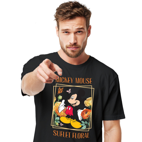 Desene Animate - Tricou Barbati cu Lumea Vesela a Florilor cu Mickey Mouse  100% Bumbac, Negru, L