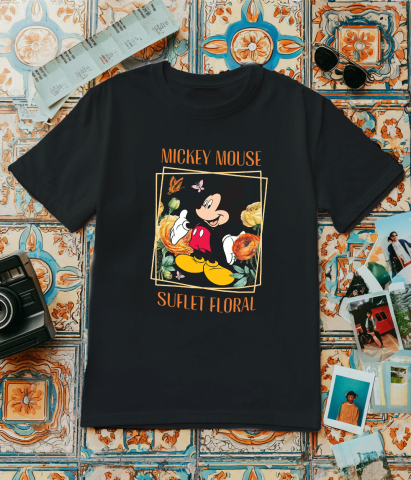 Tricou Barbati cu Lumea Vesela a Florilor cu Mickey Mouse  100% Bumbac, Negru, L [2]