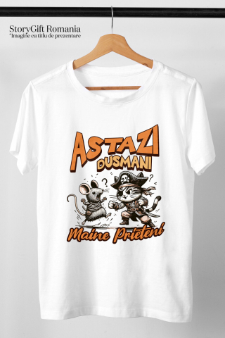 Tricou Femei, Barbati, Copii, Fata, Baiat, Unisex Personalizat "Lupta Soarece și Motan Pirat - Astăzi Dușmani, Mâine Prieteni" [2]