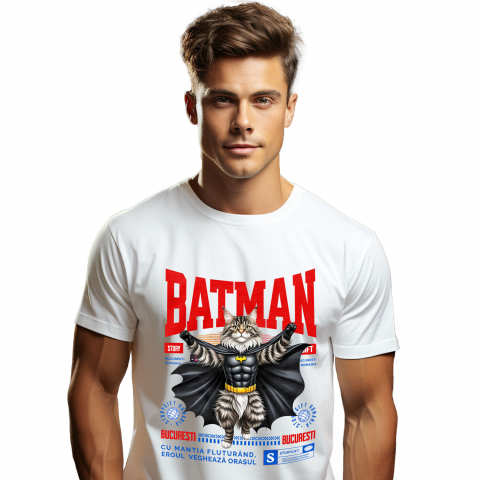 Supereroi - Tricou Femei, Barbati, Copii, Fata, Baiat, Unisex Personalizat Pisica Maine Coon în Costum de Batman – Supereroul Perfect pentru Iubitorii de Pisici și Copii