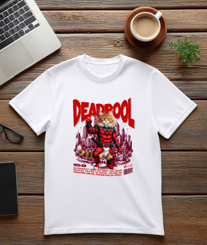 Tricou Femei, Barbati, Copii, Fata, Baiat, Unisex Personalizat Pisică Maine Coon în Costum Deadpool – Supererou Amuzant și Personalizat [2]