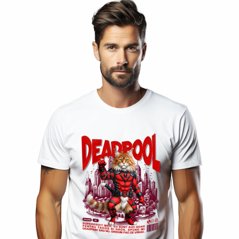 Tricou Femei, Barbati, Copii, Fata, Baiat, Unisex Personalizat Pisică Maine Coon în Costum Deadpool – Supererou Amuzant și Personalizat