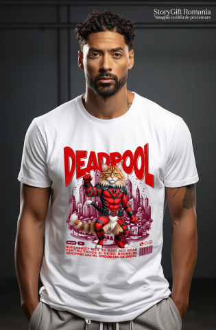 Tricou Femei, Barbati, Copii, Fata, Baiat, Unisex Personalizat Pisică Maine Coon în Costum Deadpool – Supererou Amuzant și Personalizat [1]